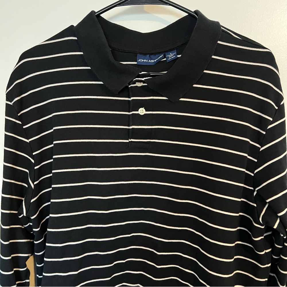 John Ashford Men’s Long Sleeve Polo Black with White Stripes Mens Large